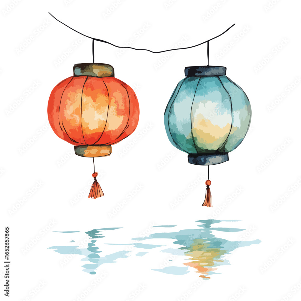 Fototapeta premium Two Vibrant Watercolor Lanterns Hanging on a String