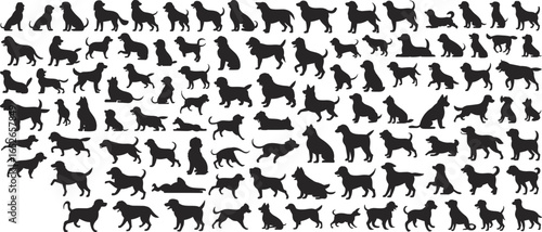 Silhouette dogs in various poses, playful puppy collection, pet animal walking running sitting, domestic canine illustration, pet lover design, flat vector illustration