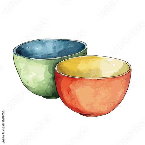 Two Watercolor Bowls BlueGreen Interior and OrangeRed Exterior