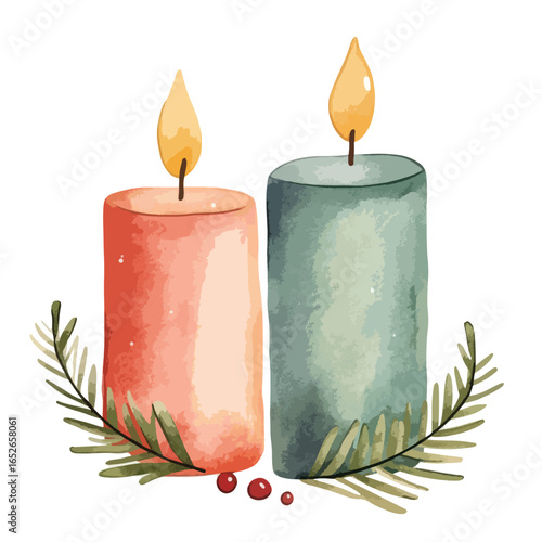 Two Watercolor Candles with Flames and Evergreen Sprigs Illustration