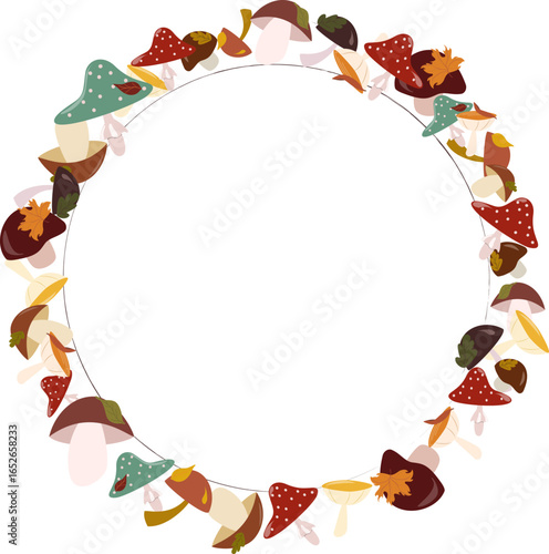 Wreath of charming autumn mushrooms with colorful fall leaves, forming a circular frame. Decorative border, ideal for seasonal invitations, greeting cards, or whimsical nature designs.