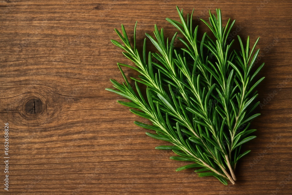 Wooden background showcasing vibrant fresh rosemary sprigs Wooden background showcasing vibrant fresh rosemary sprigs