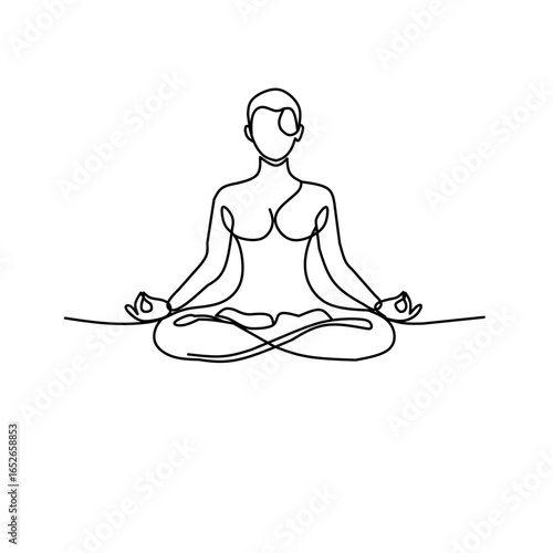 A minimalist one-line drawing of a person meditating in a cross-legged position. Symbolizes peace, mindfulness, balance, and self-awareness.