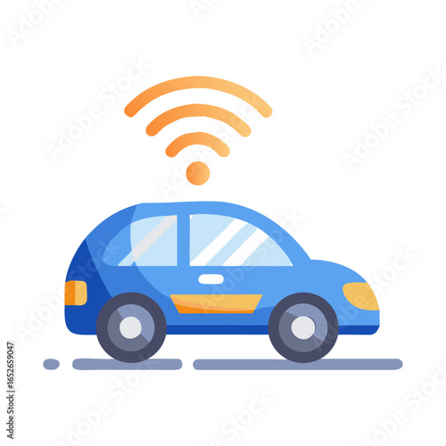 Blue autonomous self driving car with radar signal icon. Modern technology and ai network vehicle system. Vector illustration