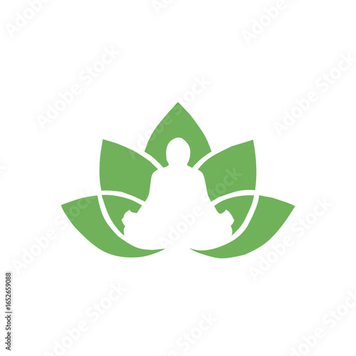 A clean and modern design featuring a person meditating in a lotus position surrounded by green lotus petals. Represents peace, mindfulness, and holistic wellness.