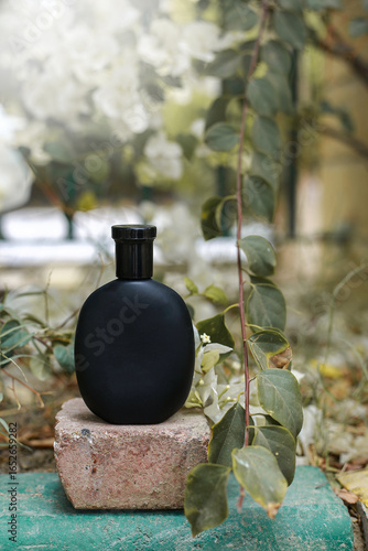 Minimalist black bottle on rustic brick with natural foliage background – perfect for perfume bottle, skincare, cosmetics, or wellness branding.
A perfume bottle without branding.