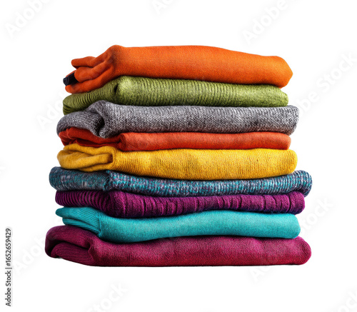 Colorful stacked sweaters for cozy fashion home textile display, isolated on transparent background, png