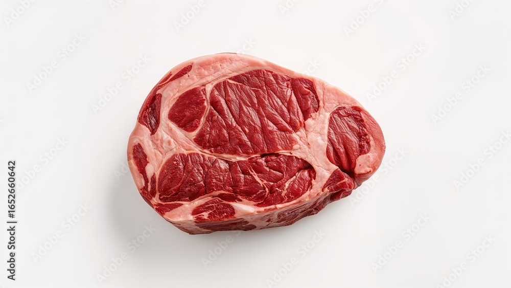 Fototapeta premium Raw rib eye steak laid out flat against a white backdrop