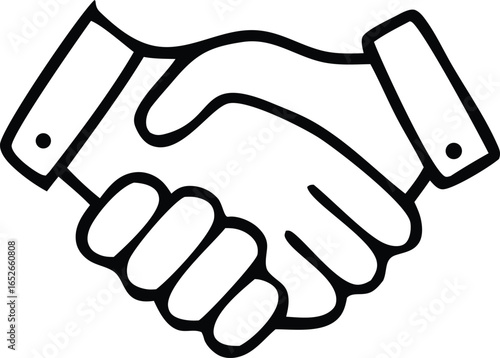 Simple black and white line drawing of two hands shaking in agreement and partnership