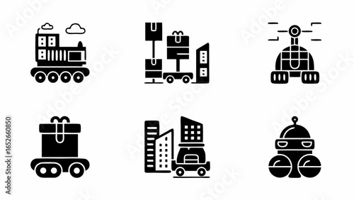 Various automated delivery vehicles and robots showcasing modern transportation solutions on a white background |  editable eps vectors silhouette