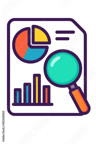 Colorful analytics report with pie chart and magnifying glass project analysis icons variance