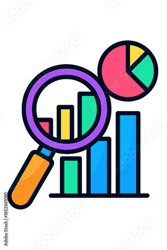 Colorful infographic with magnifying glass and chart symbols project analysis icons variance