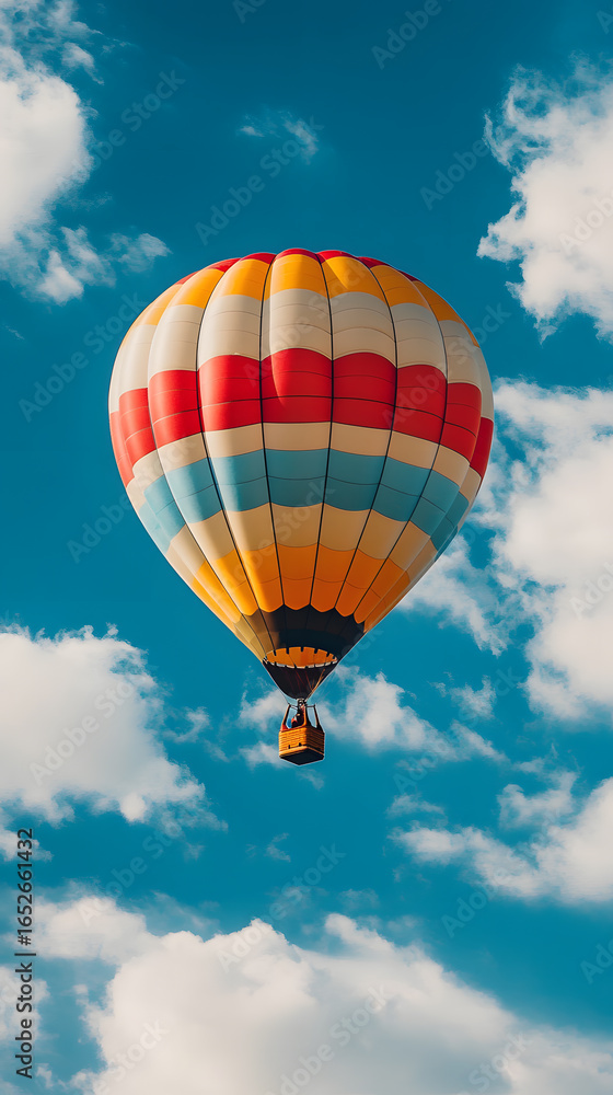 Fototapeta premium Striped hot air balloon drifting across a clear blue sky with fluffy clouds