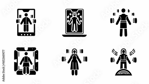 Depicting various futuristic body scanning and augmentation technologies in black and white glyphs |  editable eps vectors silhouette
