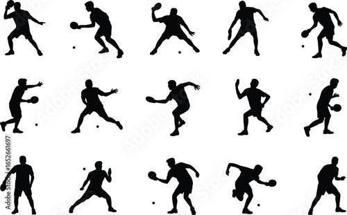 Silhouette table tennis players action poses, ping pong athletes practicing, sports training, competitive gameplay, dynamic movement, recreation, flat vector illustration