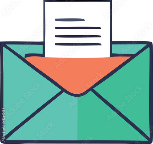 Hand drawn illustration of an open teal envelope with a letter peeking out conveying communication and correspondence