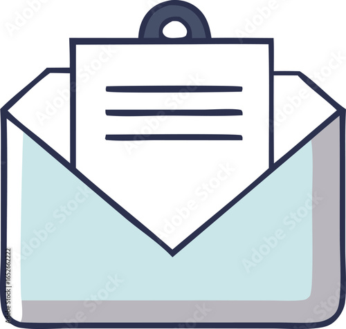 Open envelope with document and clip symbolizing communication and correspondence in a simple illustration