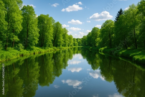 Water reflecting vibrant forest greenery during spring