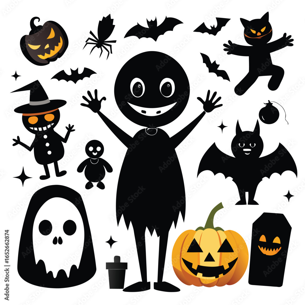 Fototapeta premium Vector cartoon set of spooky Halloween icons including pumpkins, ghosts, bats, and witches for holiday celebration design