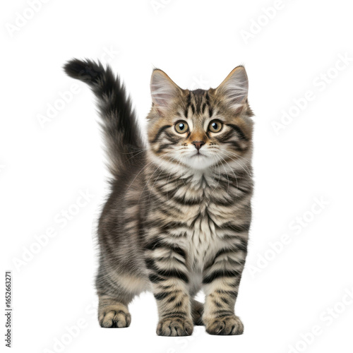 Adorable fluffy tabby kitten with striking green eyes standing alert on a transparent background isolated on transparent background