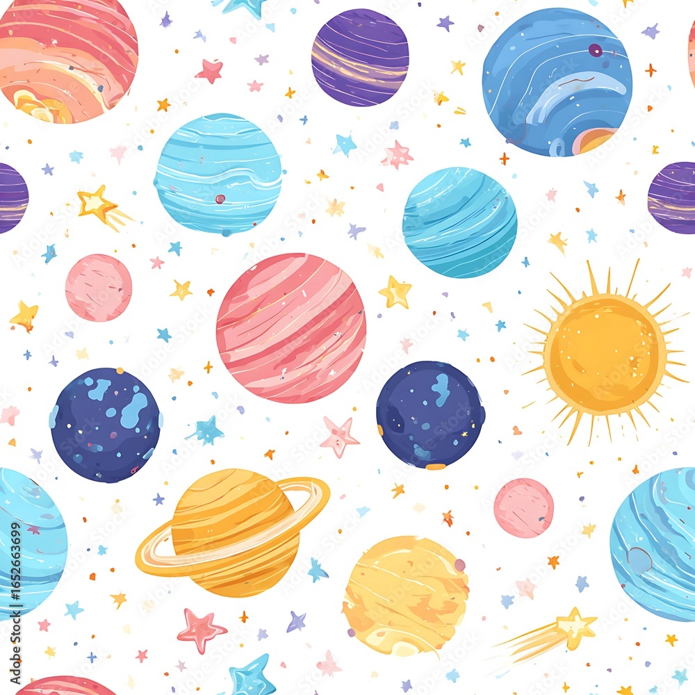 Pastel planets and stars on a white background