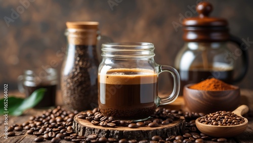 Coffee served in a cup accompanied by a glass jar for storage