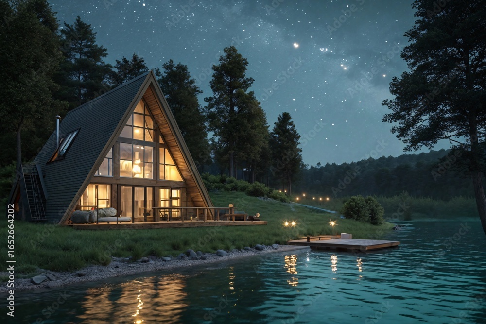 Fototapeta premium Cozy Lakeside A-Frame Cabin Under a Starry Night Sky