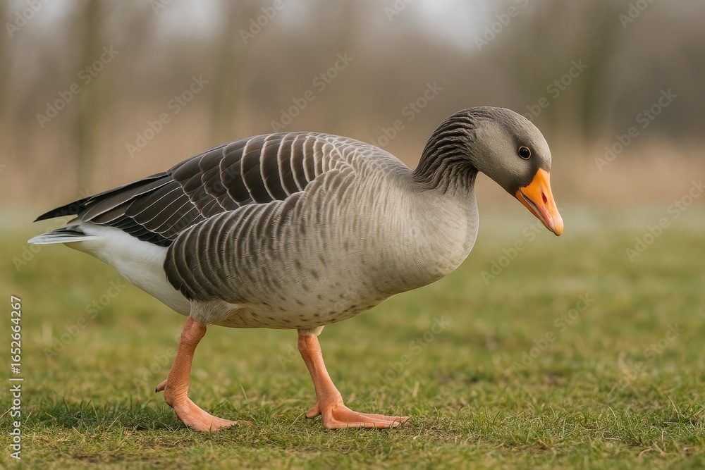 Bird with grey and white plumage wandering on grassy terrain Bird with grey and white plumage wandering on grassy terrain