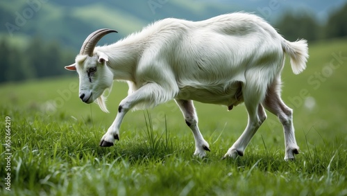 Goat roaming on vibrant grassy terrain