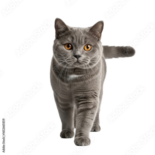A fluffy british shorthair cat with bright yellow eyes walks forward on a transparent background isolated on transparent background