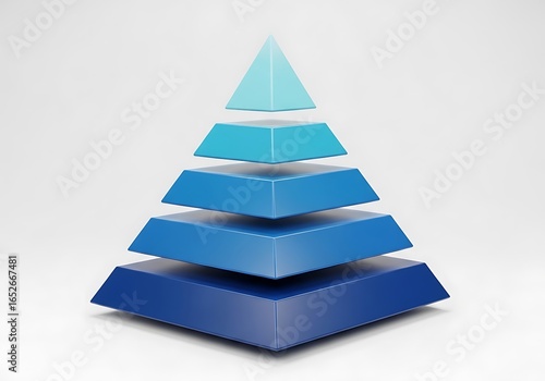 A blue pyramid structure with five levels, symbolizing hierarchy, progress, and organization, isolated on a white background