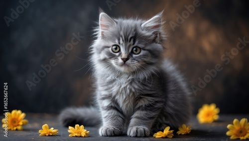 Adorable fluffy gray feline on a shadowy background