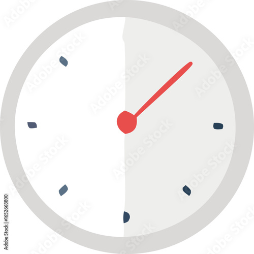 Simple white analog clock face with red hour and minute hands indicating a specific time