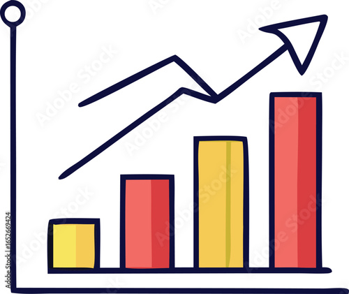 Hand drawn bar chart illustrating positive growth and upward trend with a fluctuating line graph overlay