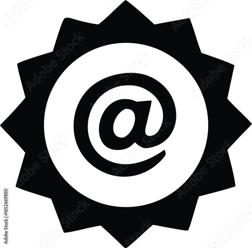 Bold black and white emblem featuring the universal at symbol centered within a starburst design
