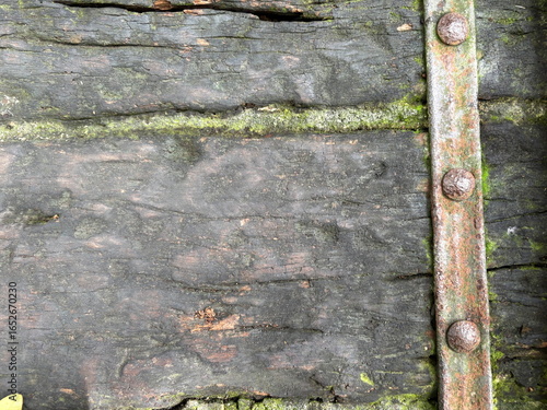 Weathered wood planks with a rusty metal strip and round bolts, moss-lined cracks creating a gritty, aged texture—ideal for grunge backgrounds and design overlays.