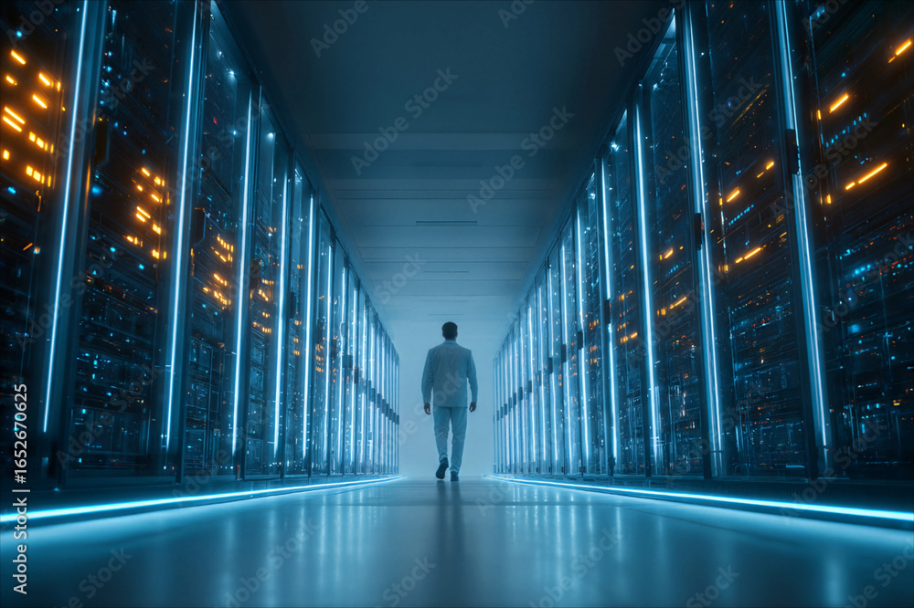 Fototapeta premium Person walks through corridor in data center, surrounded by glowing server racks with blue and orange lights