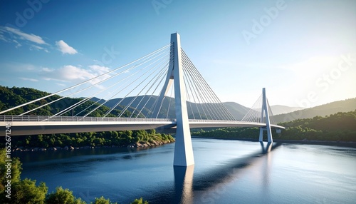 Sleek cable-stayed bridge spanning a calm waterway against a scenic backdrop on a clear day