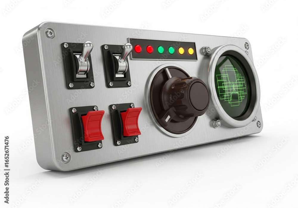 Fototapeta premium Retro-futuristic sci-fi control panel, vintage 1960s Atompunk spaceship dashboard with analog dials and switches, isolated on a white background