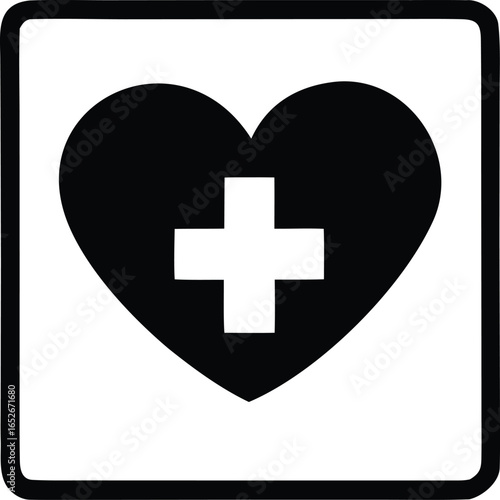 Black heart symbol with a white medical cross inside representing health and care