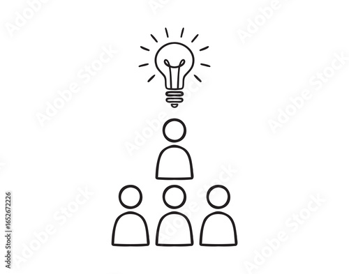team leader group of people working and idea light bulb concept doodle hand drawn icon. Outline line drawing clipart symbol