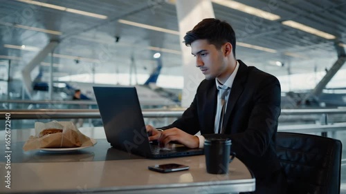 Business traveler working at airport lounge during layover