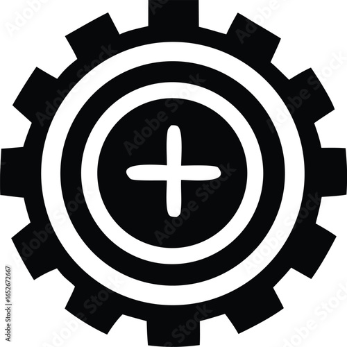 Black gear with white concentric circles and a plus symbol in the center represents innovation and progress