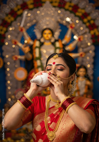Wallpaper Mural Durga Puja women in red sari with conch Torontodigital.ca