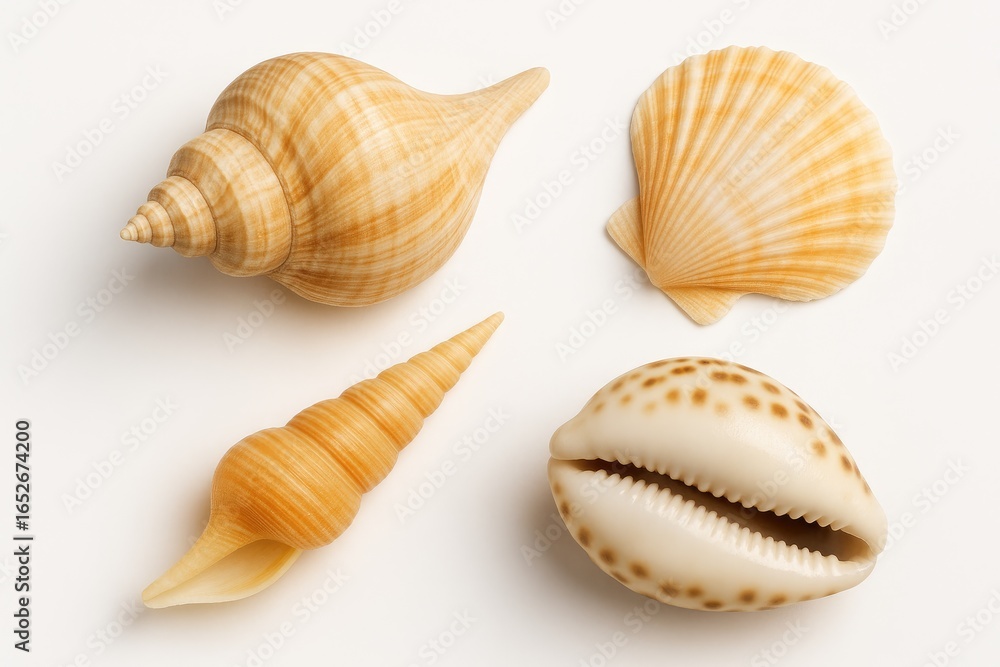 Fototapeta premium Collection of marine shells set against a white background