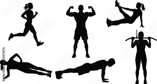 Fitness silhouette vector, workout poses collection, running, push-up, pull-up, side plank, V-sit, flexing muscles, black illustration, exercise icons