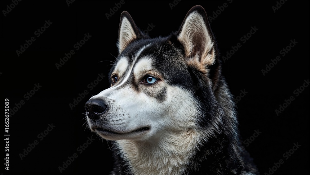 Fototapeta premium Profile shot of a blue-eyed black and white Husky dog looking right with a solid black background
