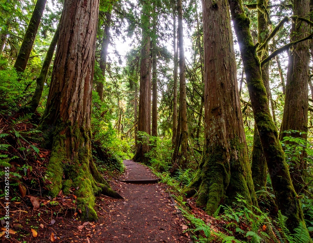 Obraz premium Lush forest trail through towering trees