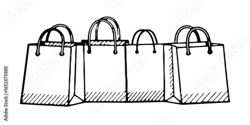 Illustration of four shopping bags with handles and a striped pattern at the bottom in black and white