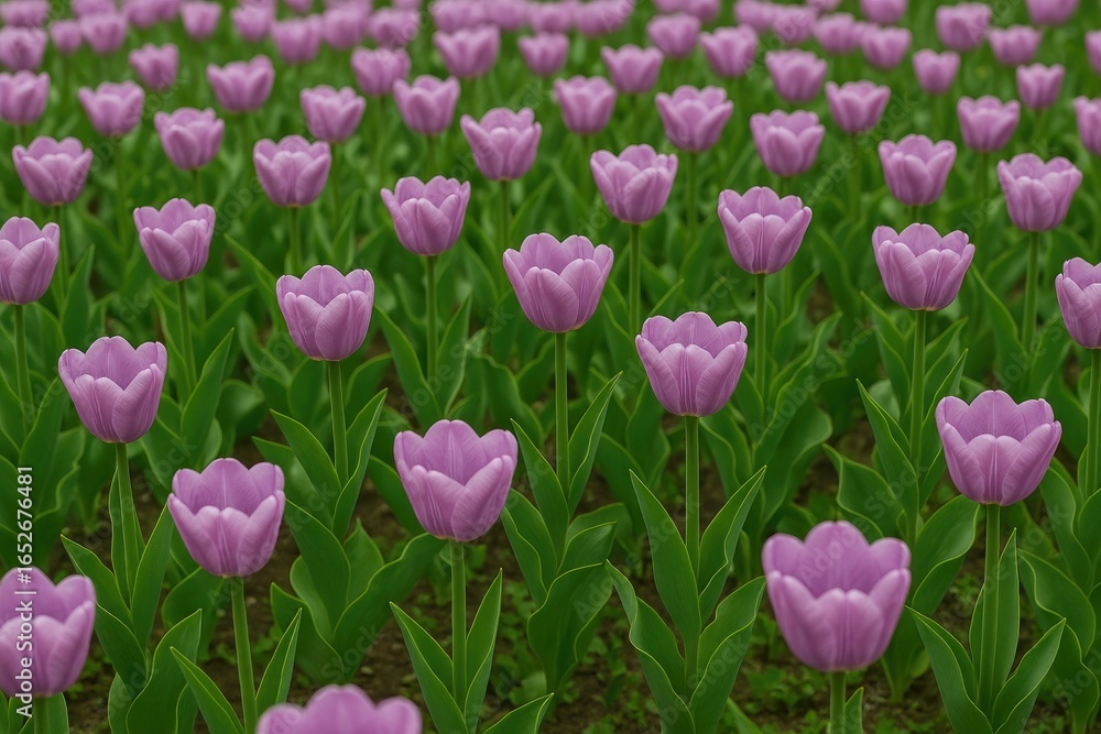 Fototapeta premium A colorful array of exquisite lilac tulips blooming on a flower bed